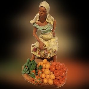 Vintage Jamaican sculpture creole woman selling fruit handmade glazed red clay